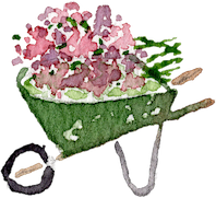 Watercolor wheelbarrow icon symbolizing hands-on healing, tending the body with functional nutrition, and steady restoration.